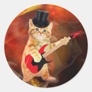 Rockerkatze mit Oberhut und Gitarre Runder Aufkleber