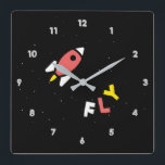 Rocket - Abstrakter Pop Rot & Gelb Art. FLY! Quadratische Wanduhr<br><div class="desc">Retro,  Pop,  bunte Kreation einer Rakete,  Square Clock. Das besondere Thema Rot,  Gelb und Weiß,  mit schlichter,  aber eleganter Ikone-Stilkunst,  Original digitale Kunst von Raphael Studio - 'Rocket'. Retro Pop Stil,  einzigartiges Design.</div>