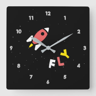 Rocket - Abstrakter Pop Rot & Gelb Art. FLY! Quadratische Wanduhr