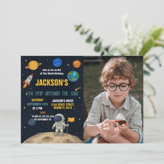 Rocket Adventure Geburtstag Einladung mit Foto (Stehend Vorderseite)