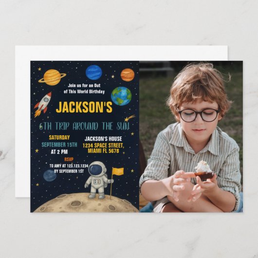 Rocket Adventure Geburtstag Einladung mit Foto (Vorne/Hinten)