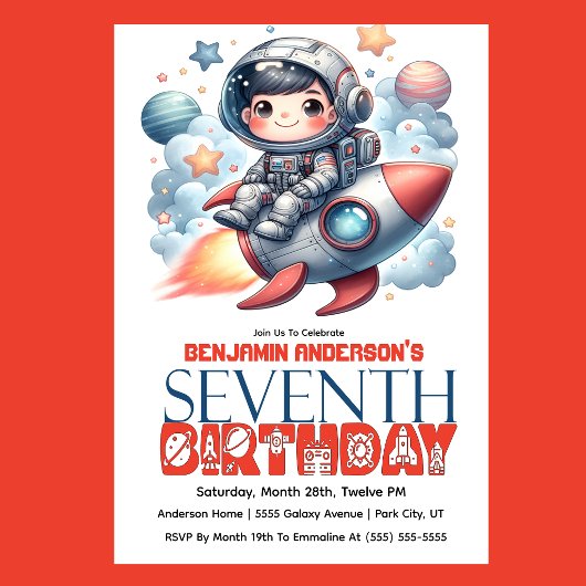 Rocket Astronaut Boy's 7th Birthday Einladung