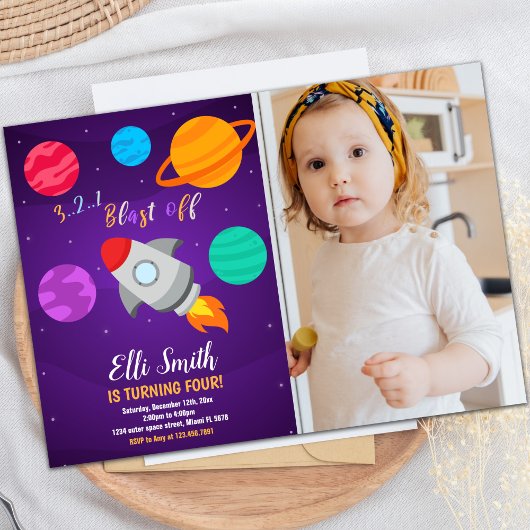 Rocket Blast Off Birthday Einladung mit Foto