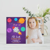 Rocket Blast Off Birthday Einladung mit Foto (Stehend Vorderseite)