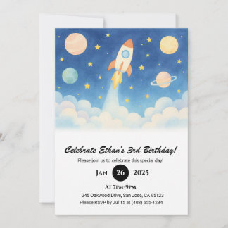 Rocket Blast Off & Starry Galaxy Geburtstag Einladung