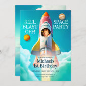 Rocket in Sky Space Thema Geburtstag Einladung (Vorne/Hinten)