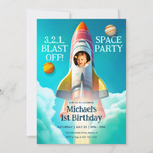 Rocket in Sky Space Thema Geburtstag Einladung