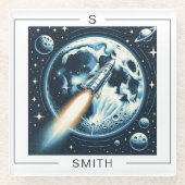 Rocket Moon Space Monogramm Glasuntersetzer (Vorderseite)