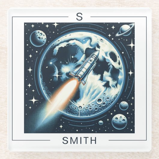 Rocket Moon Space Monogramm Glasuntersetzer (Vorderseite)