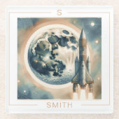 Rocket Moon Space Monogramm Glasuntersetzer (Vorderseite)