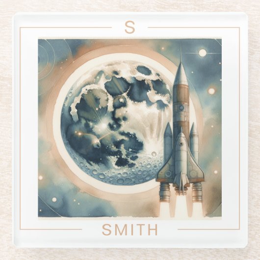 Rocket Moon Space Monogramm Glasuntersetzer (Vorderseite)