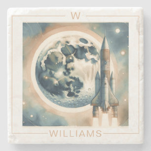 Rocket Moon Space Monogramm Steinuntersetzer