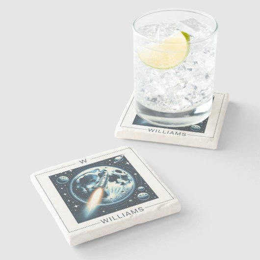 Rocket Moon Space Monogramm Steinuntersetzer (Seitenansicht)