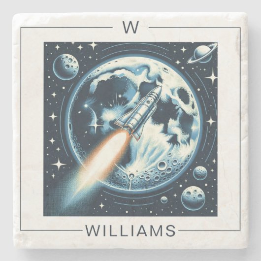 Rocket Moon Space Monogramm Steinuntersetzer (Vorderseite)