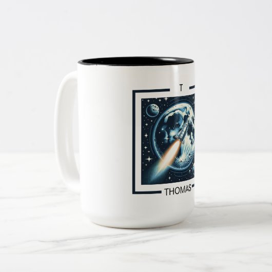 Rocket Moon Space Monogramm Zwei-Tone-Kaffeekocher Zweifarbige Tasse (Vorderseite Links)