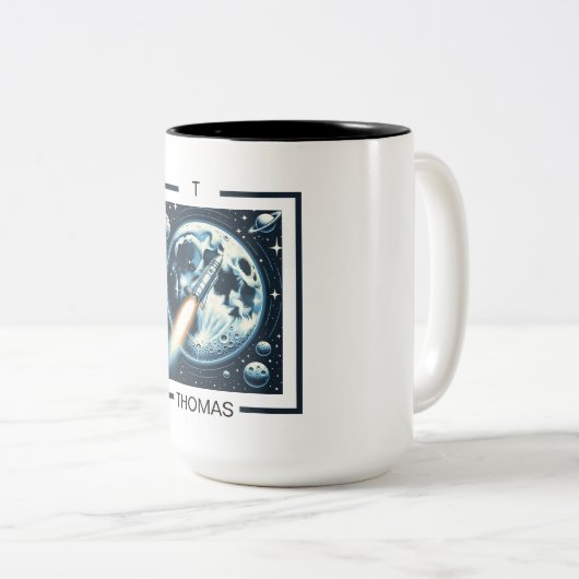 Rocket Moon Space Monogramm Zwei-Tone-Kaffeekocher Zweifarbige Tasse (VorderseiteRechts)
