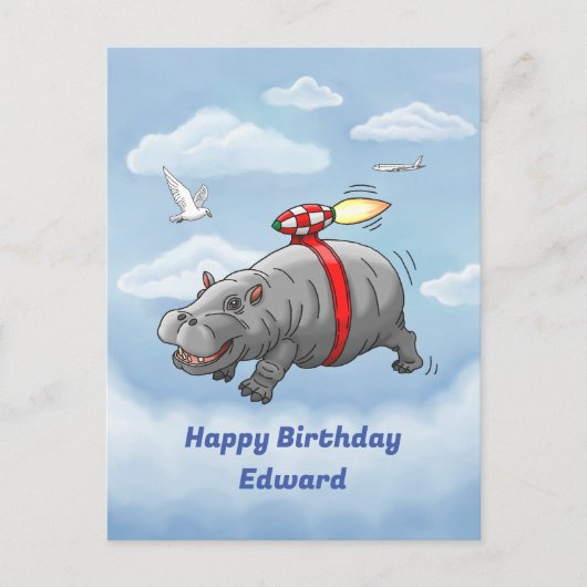 Rocket Nilpferd Geburtstag Postkarte (Vorderseite)