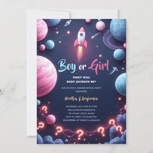 Rocket Planets Outer Space Boy Girl Gender Reveal Einladung (Vorderseite)