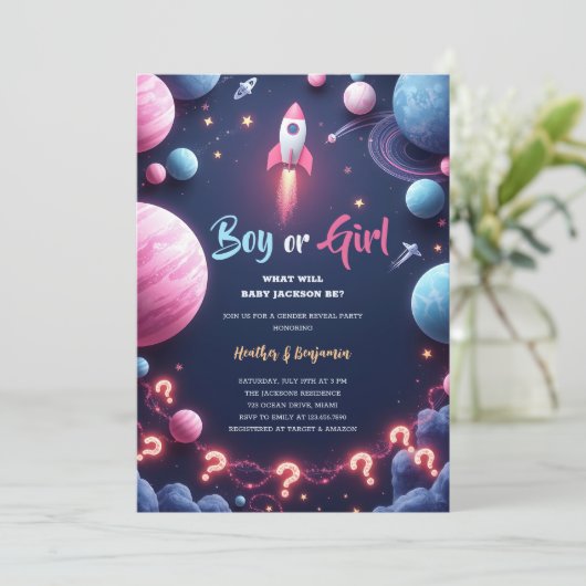 Rocket Planets Outer Space Boy Girl Gender Reveal Einladung (Stehend Vorderseite)