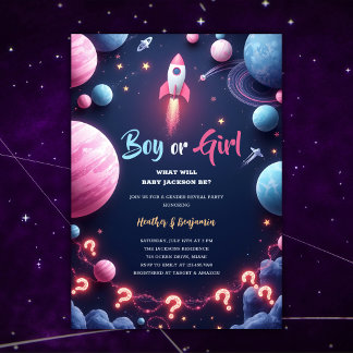 Rocket Planets Outer Space Boy Girl Gender Reveal Einladung
