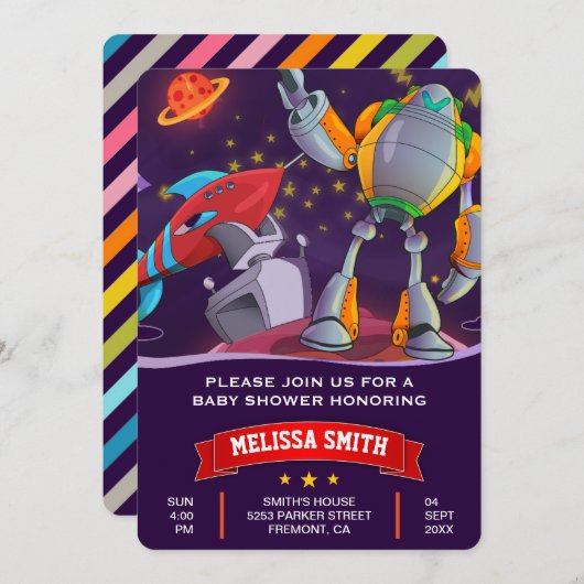 Rocket Robot Oututer Space Baby Shower Einladung (Vorne/Hinten)