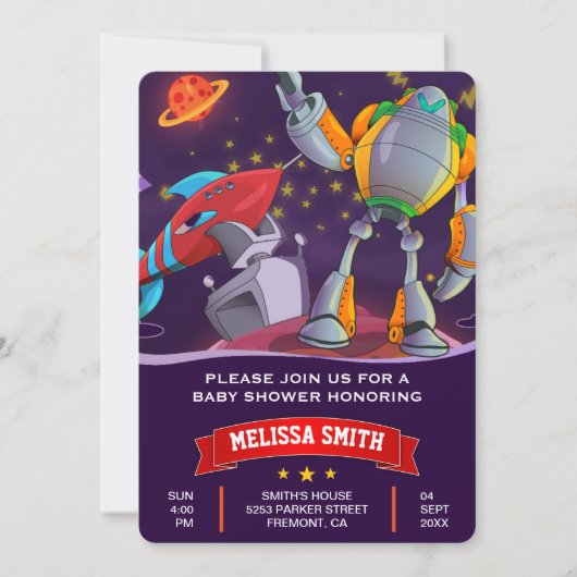 Rocket Robot Oututer Space Baby Shower Einladung (Vorderseite)
