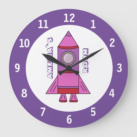 Rocket-Schiffs-lila Raum-Wand-Uhr mit Namen Große Wanduhr (Vorderseite)