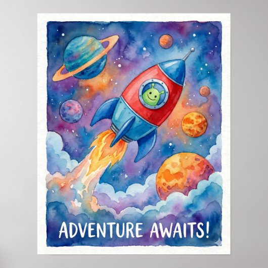 Rocket Ship & Alien Adventure Awaits Space Poster (Vorne)