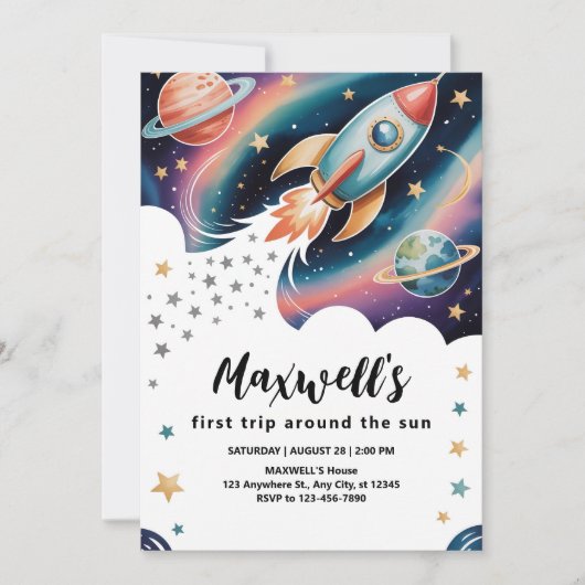 Rocket Ship Birthday Einladung (Vorderseite)