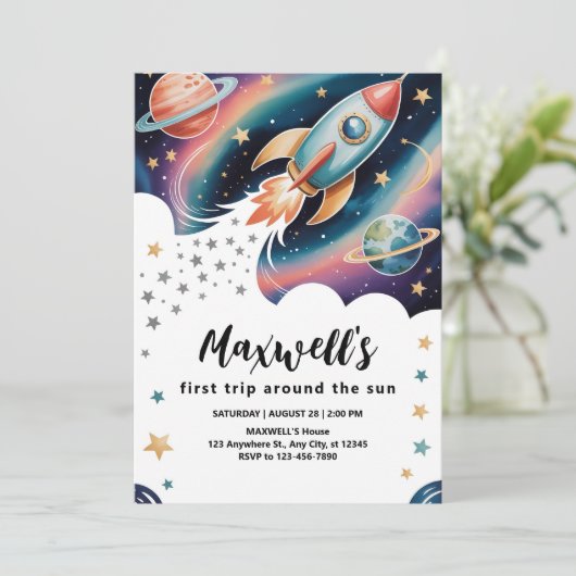 Rocket Ship Birthday Einladung (Stehend Vorderseite)