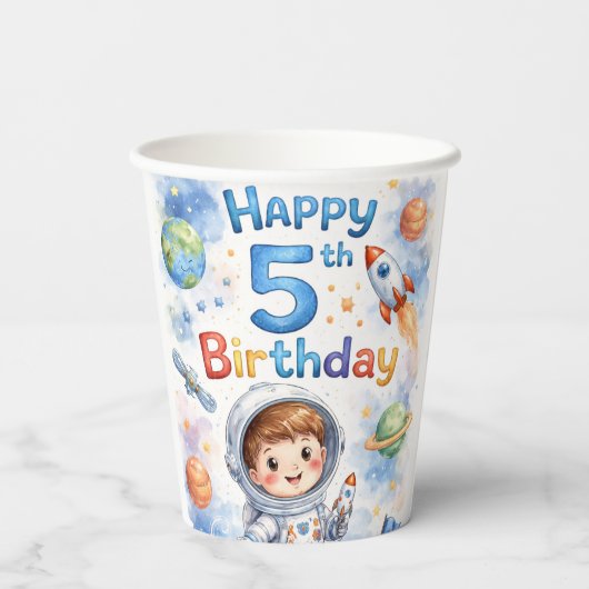 Rocket ship birthday Space Planets Boy Stars Pappbecher (Rückseite)