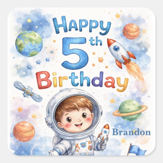 Rocket ship birthday Space Planets Boy Stars Quadratischer Aufkleber (Vorderseite)