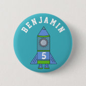 Rocket Ship Personalizable Blue Geburtstag Button (Vorderseite)