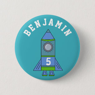 Rocket Ship Personalizable Blue Geburtstag Button