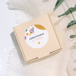 Rocket Ship Trip Around The Sun Space Boy Birthday Runder Aufkleber