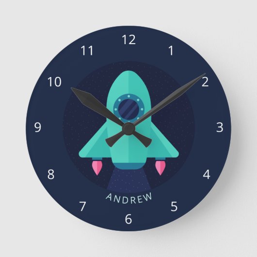 Rocket Spaceship Baby Boy Kinderzimmer Space Thema Runde Wanduhr (Vorderseite)