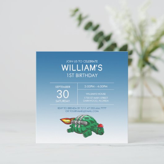 Rocket Turtle Birthday Einladung (Stehend Vorderseite)
