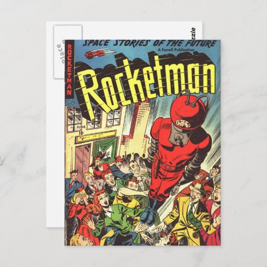Rocketman Vintage Comicen Postkarte (Vorne/Hinten)