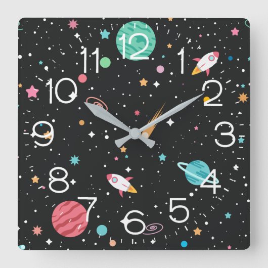 Rockets And Planets Square Wall Clock Quadratische Wanduhr (Vorderseite)