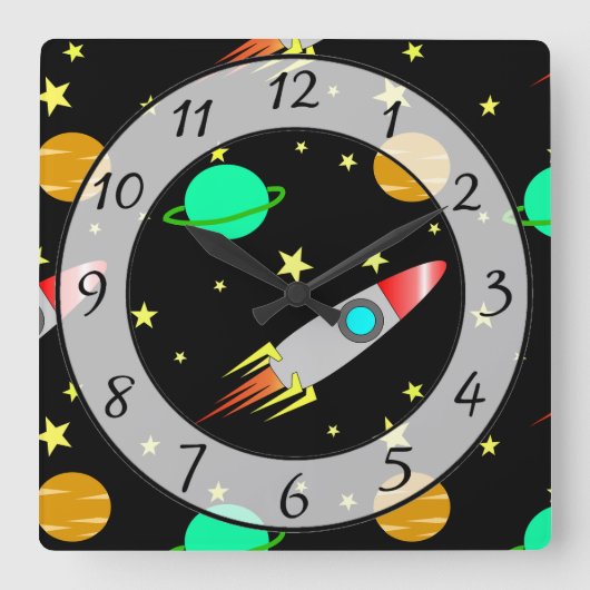 Rockets, Stars and Planets Galaxy Outer Space Quadratische Wanduhr (Vorderseite)