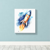 Rocketship Flug durch Sterne Wasserfarbenes Kinder Leinwanddruck (Insitu (Holzboden))