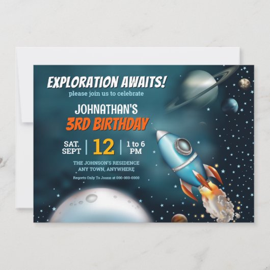 Rocketship Space Adventure Boy Birthday Einladung (Vorderseite)