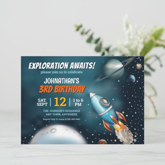 Rocketship Space Adventure Boy Birthday Einladung (Stehend Vorderseite)