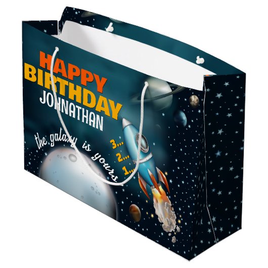 Rocketship Space Adventure Geburtstag Große Geschenktüte (Rückseite Schrägansicht)