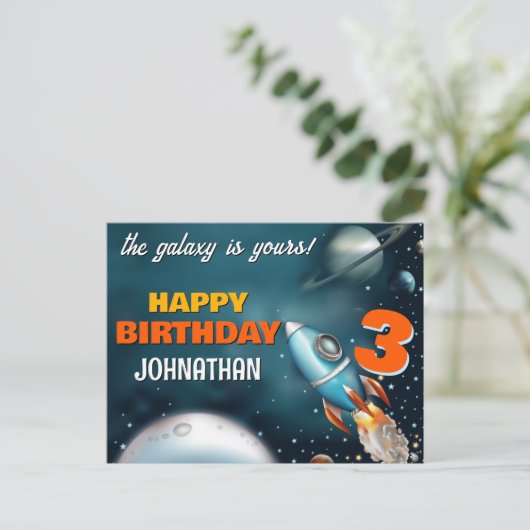 Rocketship Space Adventure Geburtstag Postkarte (Stehend Vorderseite)