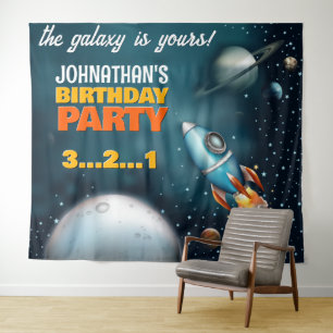 Rocketship Weltraumabenteuer Geburtstag Hintergrun Wandteppich
