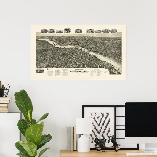 Rockford, IL Panoramic Map - 1891 Poster (Heimbüro)