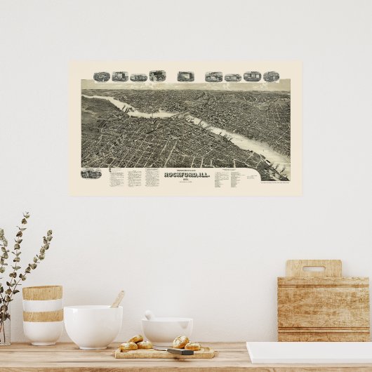 Rockford, IL Panoramic Map - 1891 Poster (Küche)
