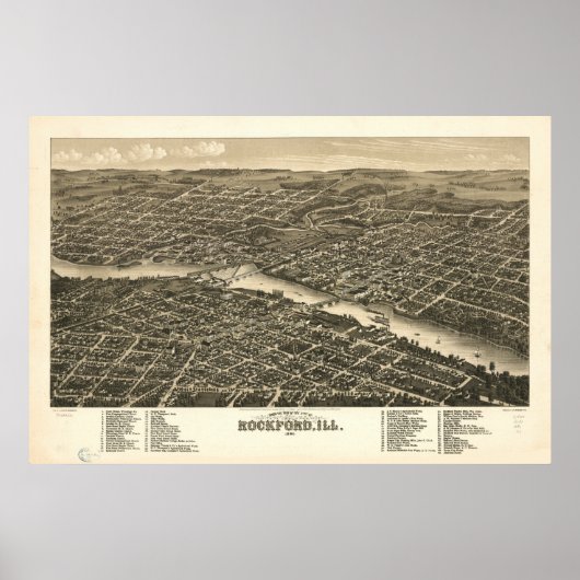 Rockford Illinois 1880 Antique Panoramabalkarte Poster (Vorne)