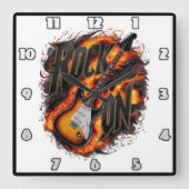 Rockgitarre inmitten feuriger Flammen bei einem Ko Quadratische Wanduhr (Vorderseite)